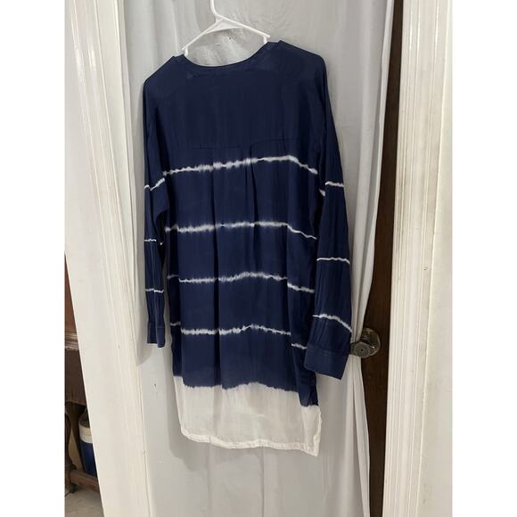 Athleta Blue White Striped Button Up Tie Dye Swim Cover Up Silk Blend Sz M - Picture 7 of 9